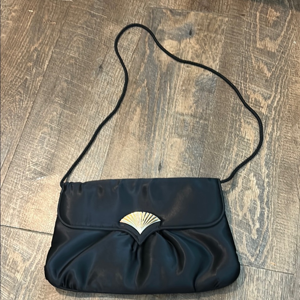 80s Black Satin Shoulder Purse Gold Fan‎ Decoration by Gallery Originals